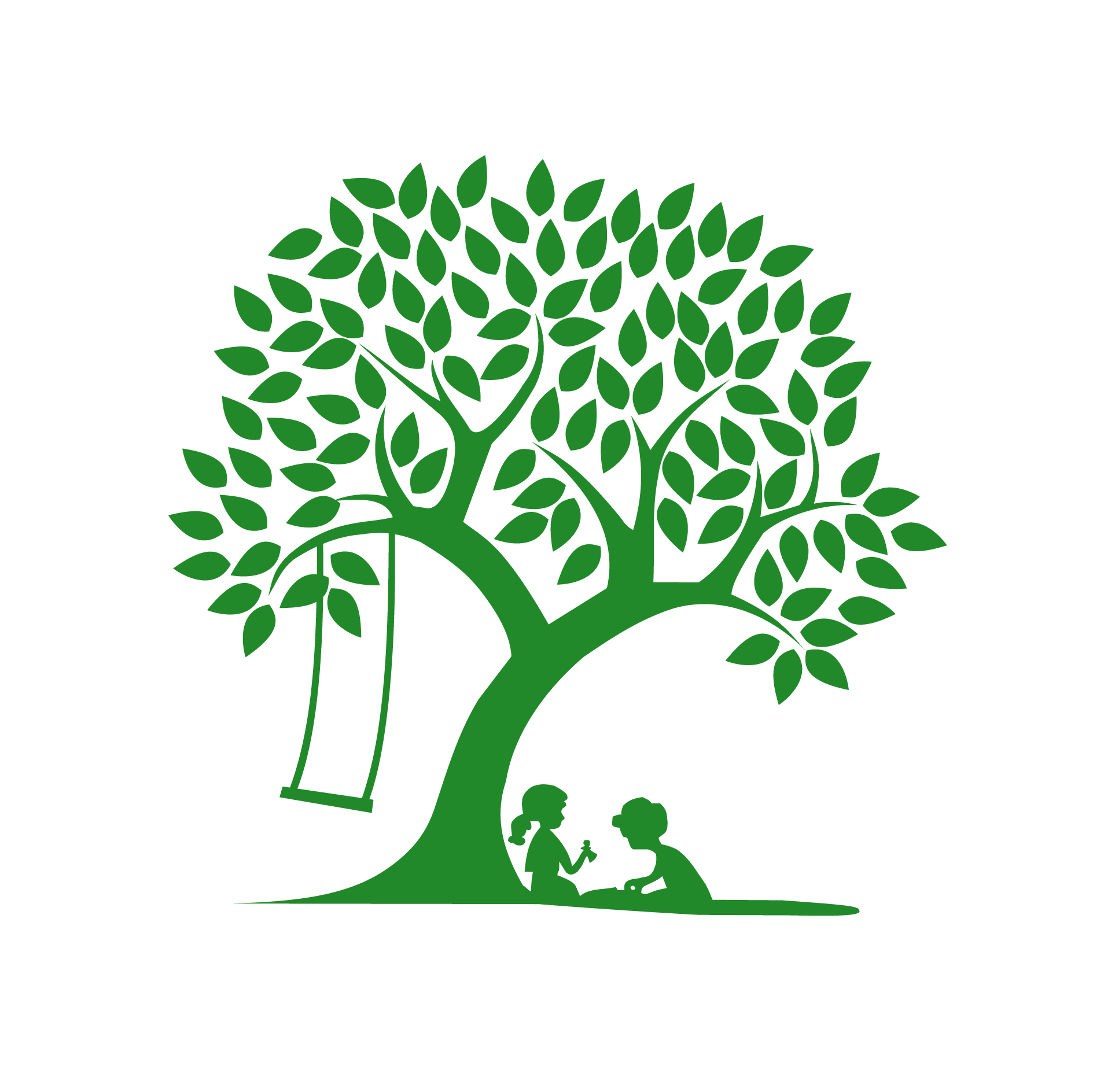 Logo af to børn der leger under et grønt træ i Sanderums Grønne Børnehave i Odense